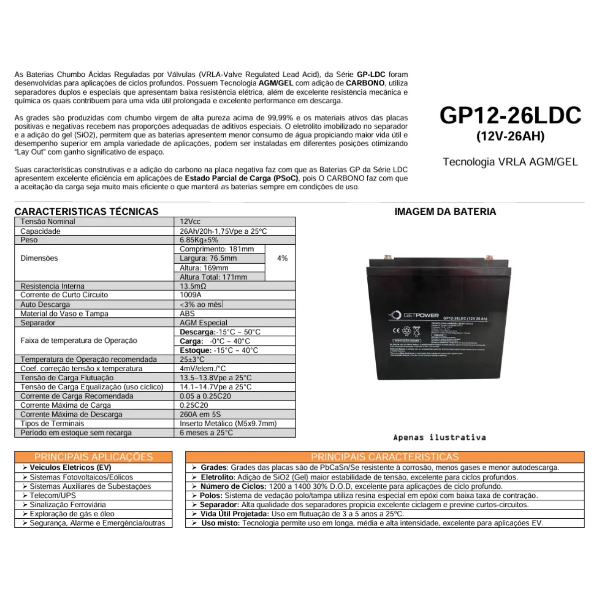 Bateria Estacionária Getpower GP 12V 26 LDC GEL